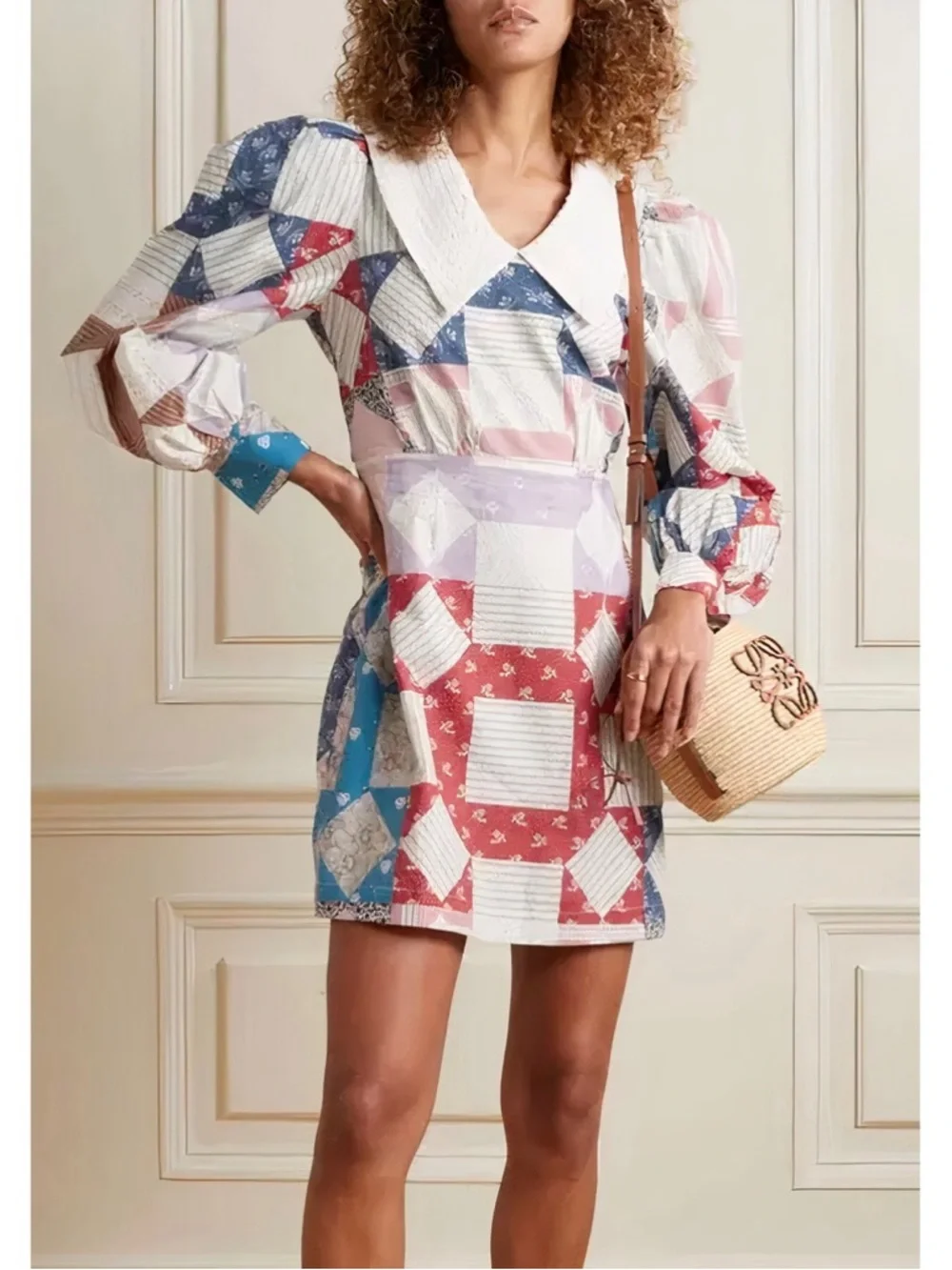 NWT SEA New York Patchwork Mini Long-Sleeve Nohr Collared Dress - Picture 4 of 7